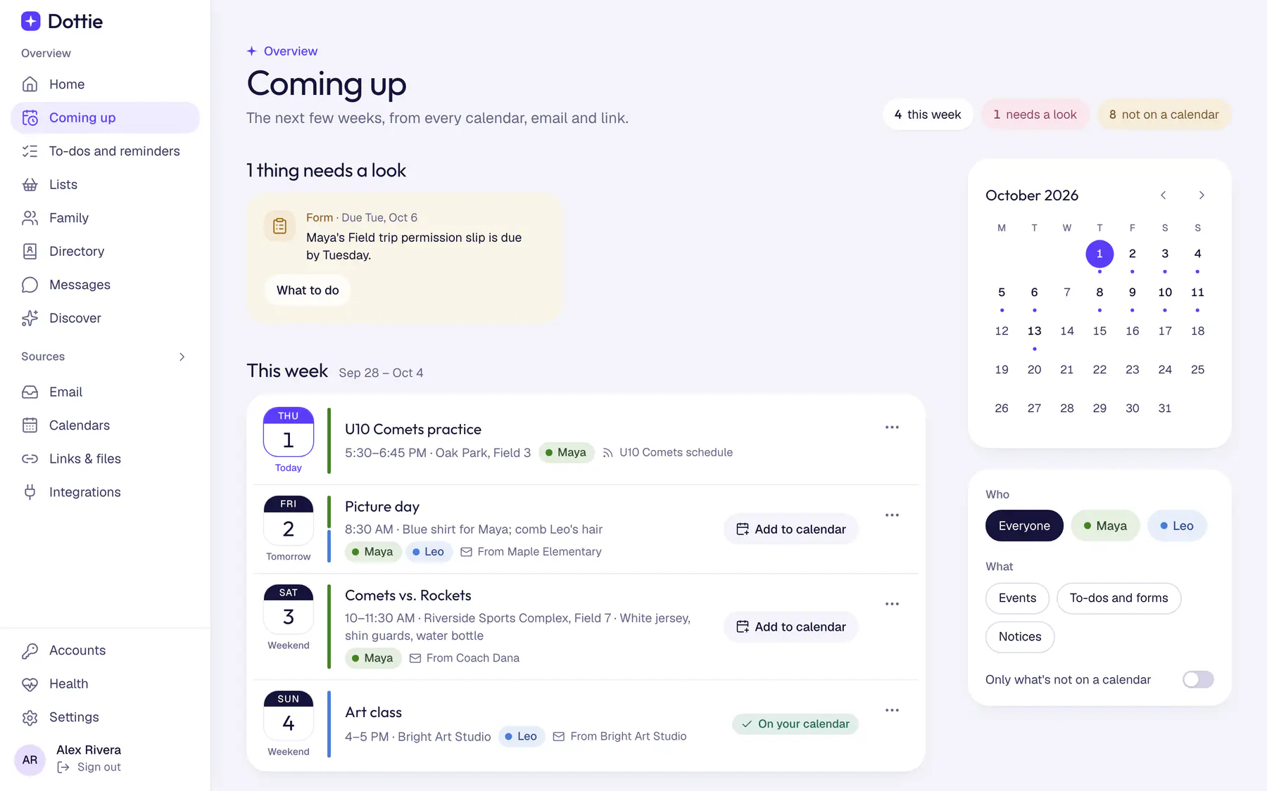 The Coming up page: Maya's field trip form needs a look, and this week lists Comets practice, picture day, Saturday's game and Leo's art class, each in that child's colour, with a month calendar alongside.